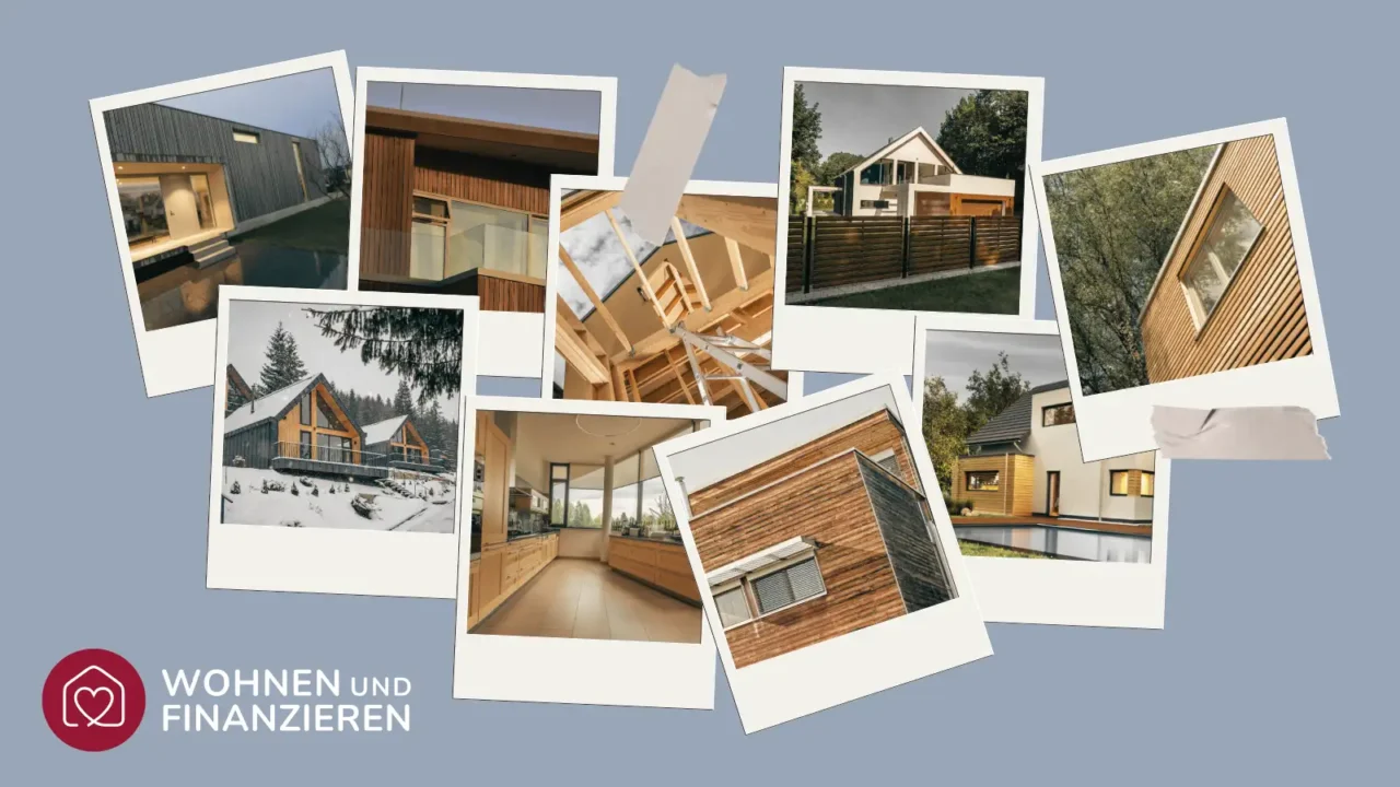 Collage von Holzhäuser verschiedener Hersteller im Polaroid-Stil