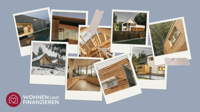 Collage von Holzhäuser verschiedener Hersteller im Polaroid-Stil