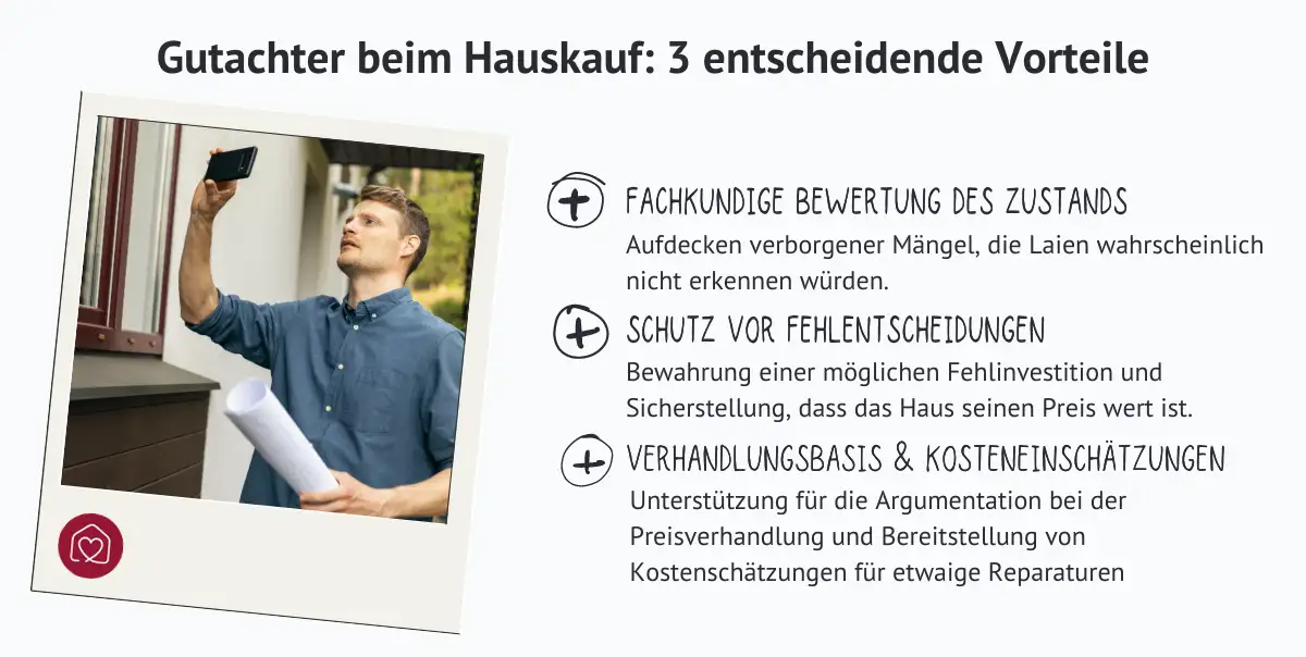 Vorteile Gutachter beim Hauskauf: Fachkundige Bewertung des Zustands, Schutz vor Fehlentscheidung, Verhandlungsbasis & Kosteneinschätzung
