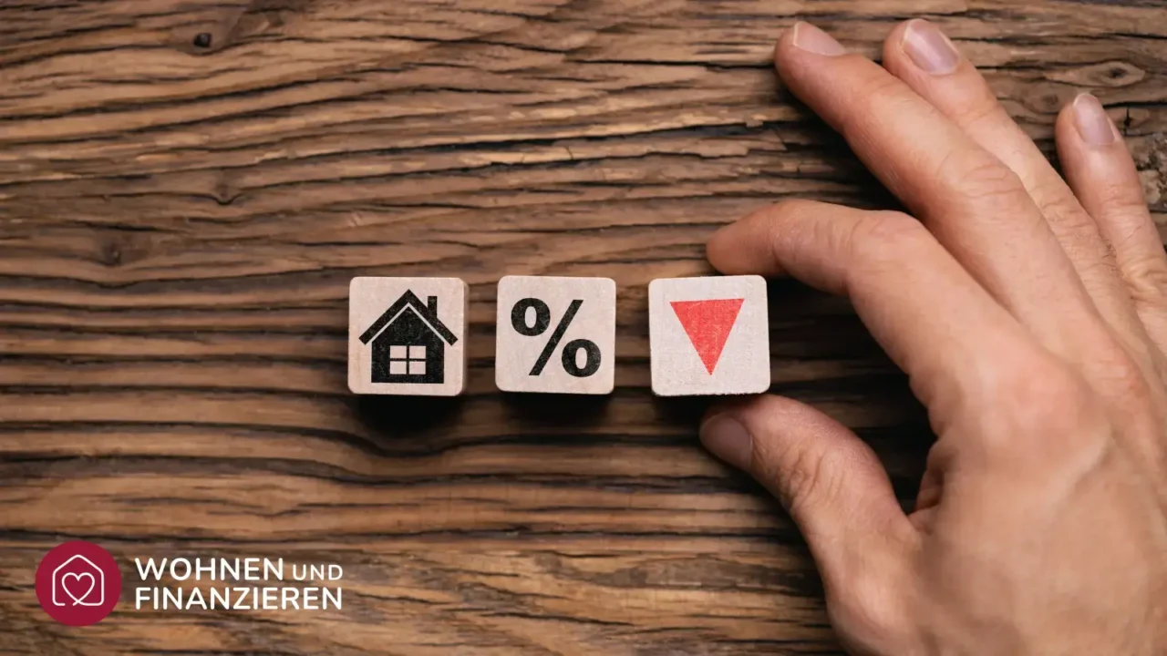 Drei Würfel mit Haus-Symbol, Prozent-Zeichen und rotem Pfeil nach unten