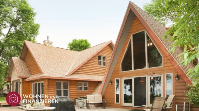 Zweistöckiges Blockbohlenhaus mit Glasfront