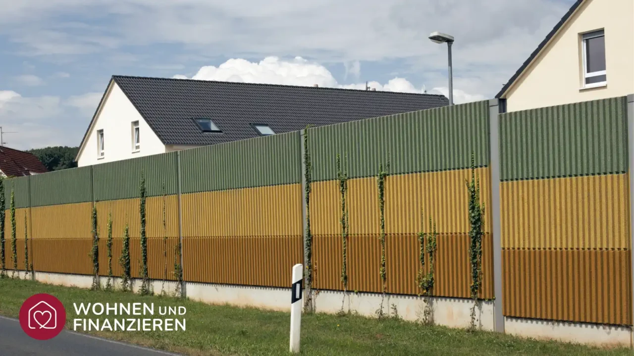 Schallschutzwand zwischen einer Straße und angrenzenden Häusern