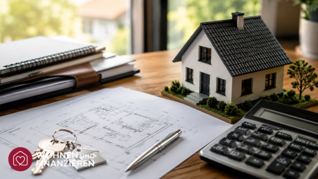 Immobilienbewertung mit Modellhaus, Bauplänen und Taschenrechner zur Ermittlung des Immobilienwerts